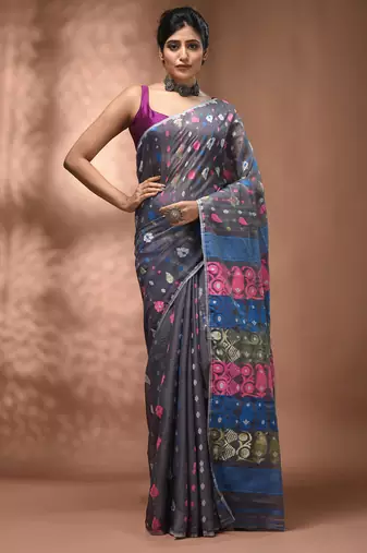 Light grey silk cotton handwoven soft jamdani saree