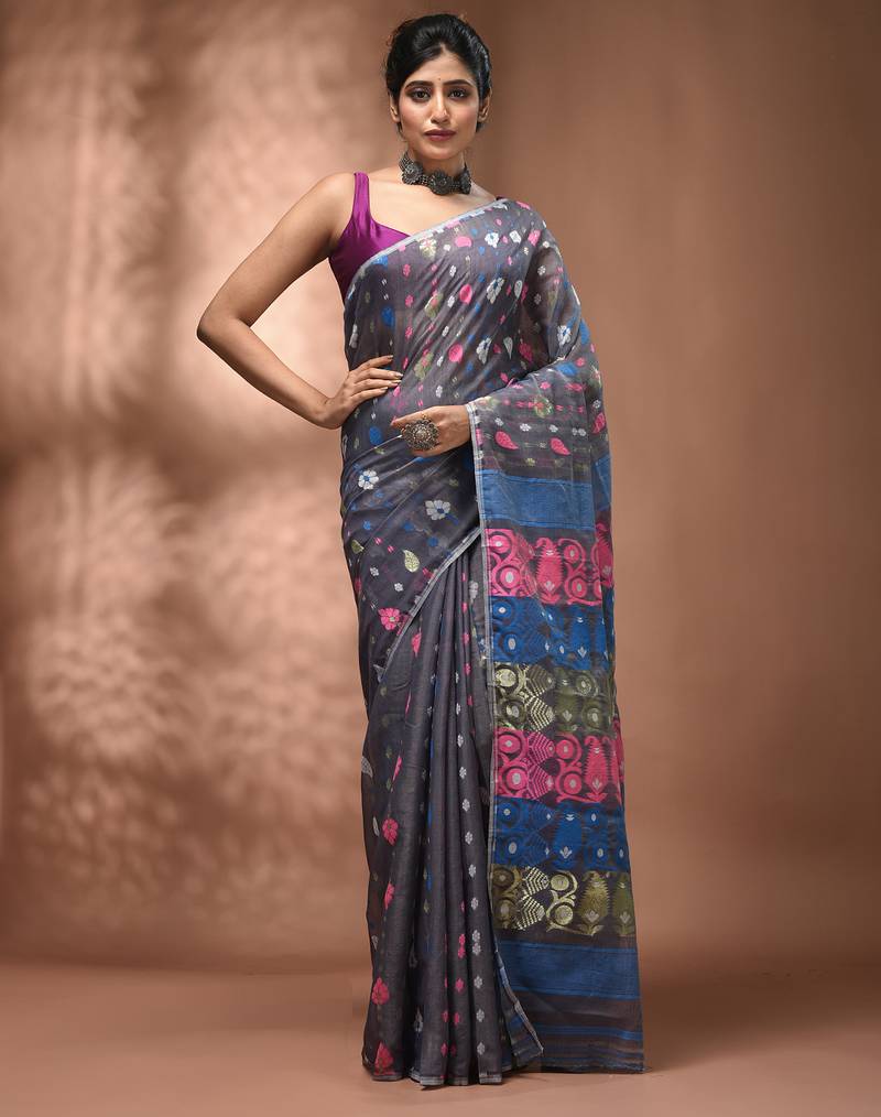 Light grey silk cotton handwoven soft jamdani saree