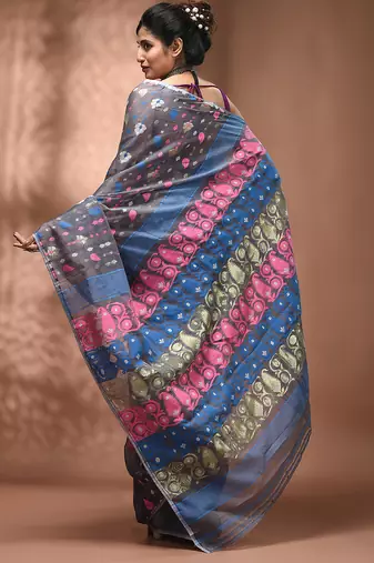 Light grey silk cotton handwoven soft jamdani saree
