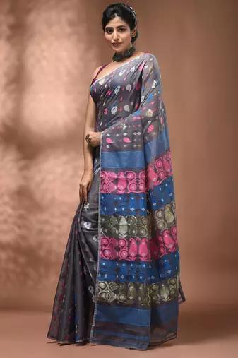Light grey silk cotton handwoven soft jamdani saree