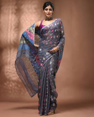 Light grey silk cotton handwoven soft jamdani saree 5
