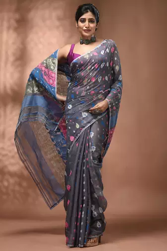 Light grey silk cotton handwoven soft jamdani saree