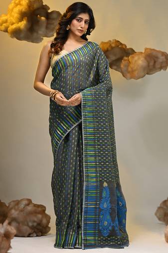 Grey silk cotton handwoven soft jamdani saree