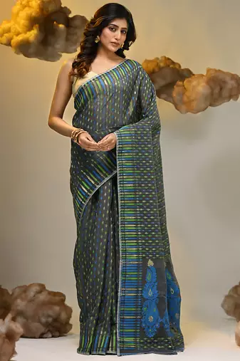 Grey silk cotton handwoven soft jamdani saree