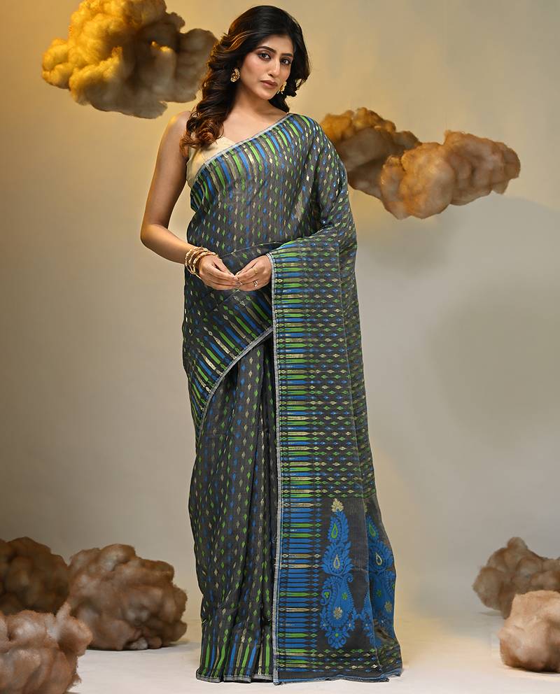 Grey silk cotton handwoven soft jamdani saree