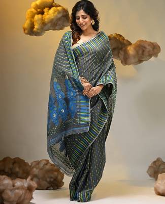 Grey silk cotton handwoven soft jamdani saree 2