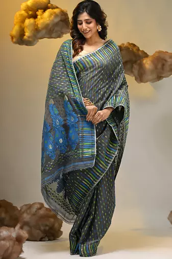 Grey silk cotton handwoven soft jamdani saree