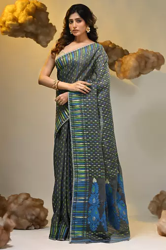 Grey silk cotton handwoven soft jamdani saree
