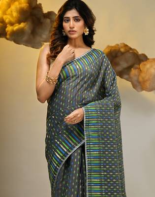 Grey silk cotton handwoven soft jamdani saree 4