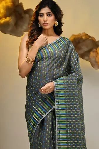 Grey silk cotton handwoven soft jamdani saree