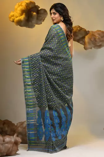 Grey silk cotton handwoven soft jamdani saree