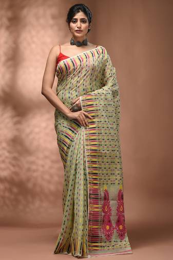 Pidtachio green silk cotton handwoven soft jamdani saree
