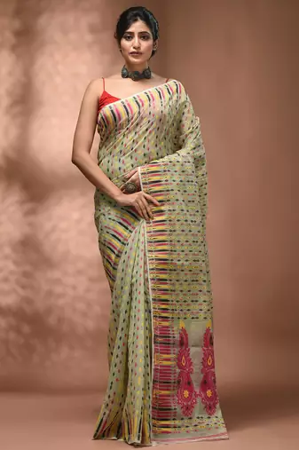 Pidtachio green silk cotton handwoven soft jamdani saree