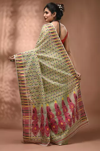 Pidtachio green silk cotton handwoven soft jamdani saree