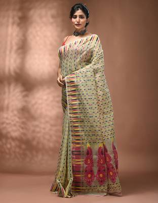 Pidtachio green silk cotton handwoven soft jamdani saree 3