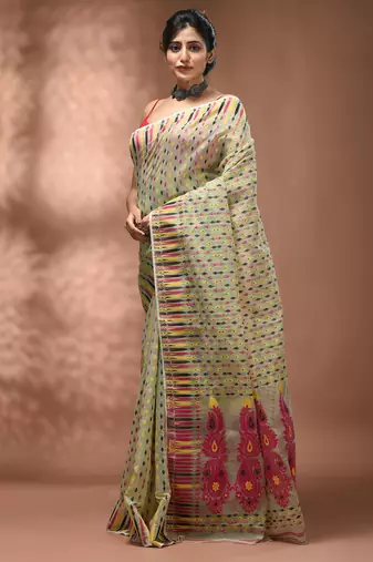 Pidtachio green silk cotton handwoven soft jamdani saree