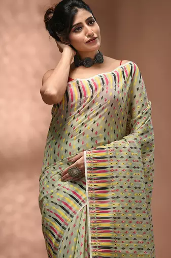 Pidtachio green silk cotton handwoven soft jamdani saree