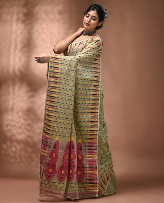 Pidtachio green silk cotton handwoven soft jamdani saree 5
