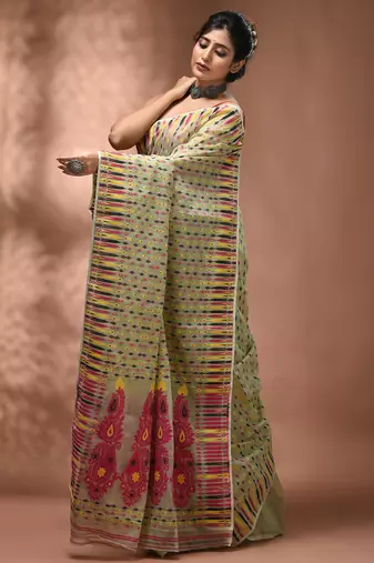 Pidtachio green silk cotton handwoven soft jamdani saree