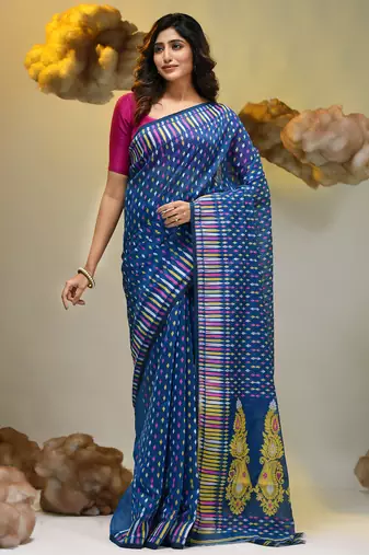Sapphire blue silk cotton handwoven soft jamdani saree