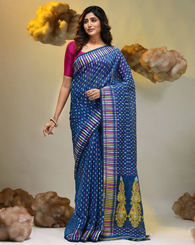 Sapphire blue silk cotton handwoven soft jamdani saree