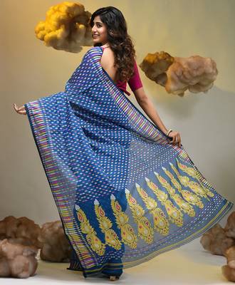 Sapphire blue silk cotton handwoven soft jamdani saree 2