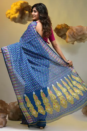 Sapphire blue silk cotton handwoven soft jamdani saree