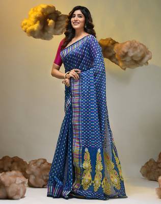 Sapphire blue silk cotton handwoven soft jamdani saree 3