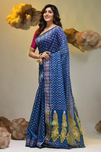 Sapphire blue silk cotton handwoven soft jamdani saree