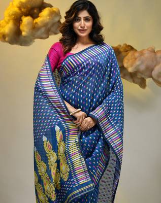 Sapphire blue silk cotton handwoven soft jamdani saree 4
