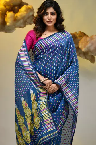 Sapphire blue silk cotton handwoven soft jamdani saree