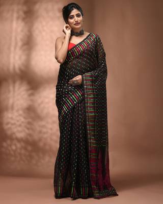 Black silk cotton handwoven soft jamdani saree 1