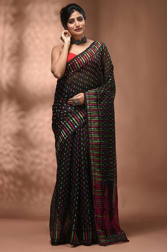 Black silk cotton handwoven soft jamdani saree