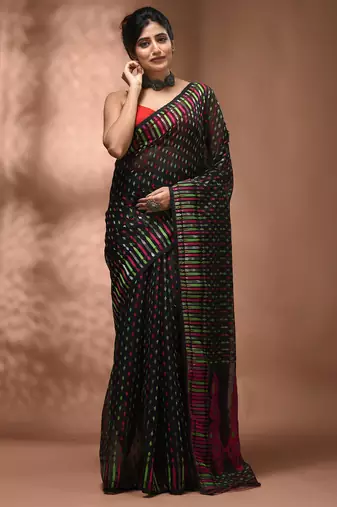 Black silk cotton handwoven soft jamdani saree