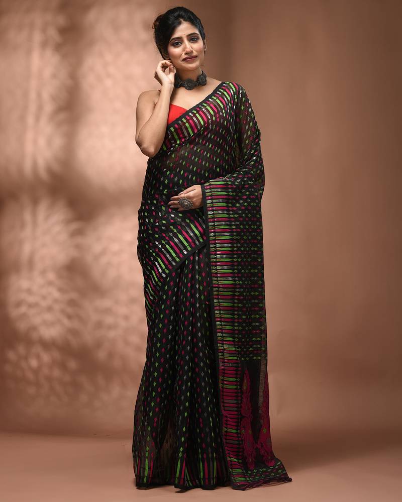 Black silk cotton handwoven soft jamdani saree