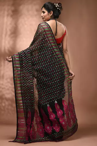 Black silk cotton handwoven soft jamdani saree