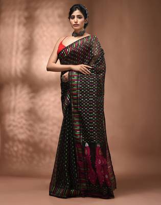 Black silk cotton handwoven soft jamdani saree 3