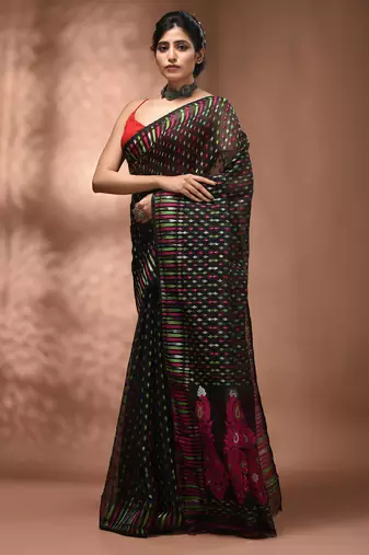 Black silk cotton handwoven soft jamdani saree
