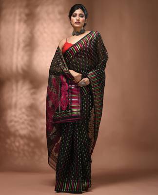 Black silk cotton handwoven soft jamdani saree 5