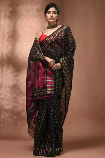 Black silk cotton handwoven soft jamdani saree