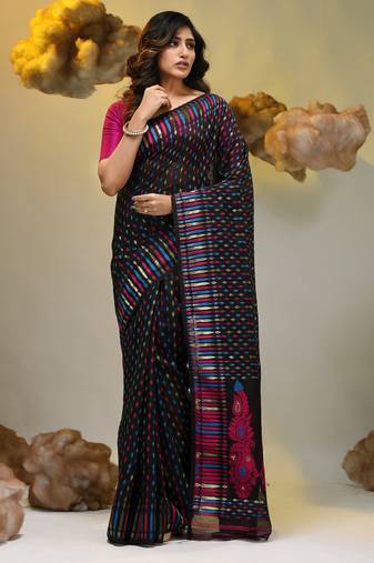Black silk cotton handwoven soft jamdani saree
