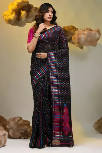 Black silk cotton handwoven soft jamdani saree
