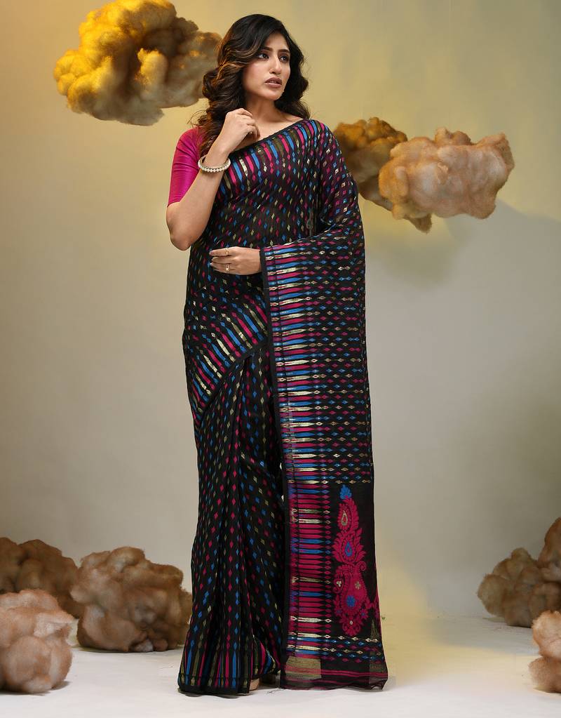 Black silk cotton handwoven soft jamdani saree