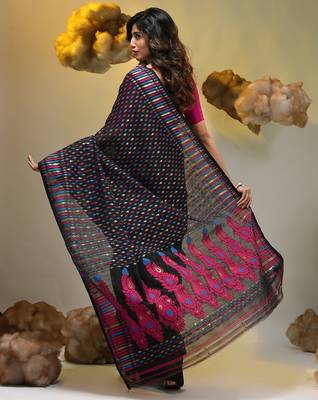 Black silk cotton handwoven soft jamdani saree 2