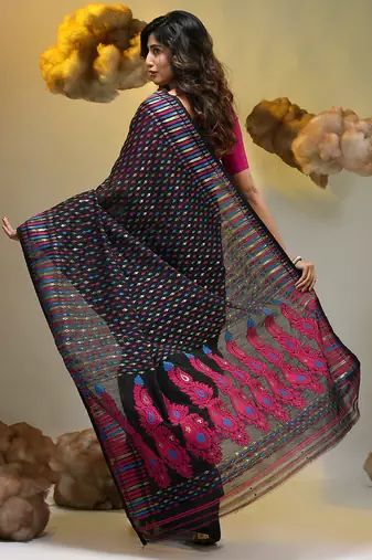 Black silk cotton handwoven soft jamdani saree