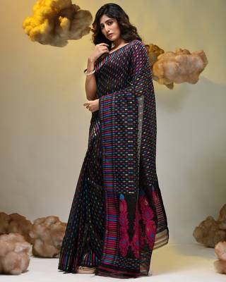 Black silk cotton handwoven soft jamdani saree 3