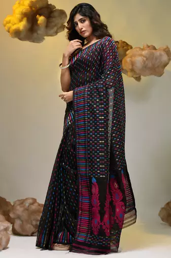 Black silk cotton handwoven soft jamdani saree