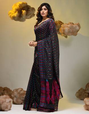 Black silk cotton handwoven soft jamdani saree 5
