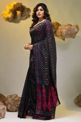 Black silk cotton handwoven soft jamdani saree