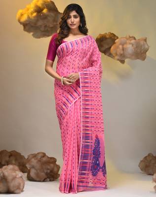 Pink silk cotton handwoven soft jamdani saree 1